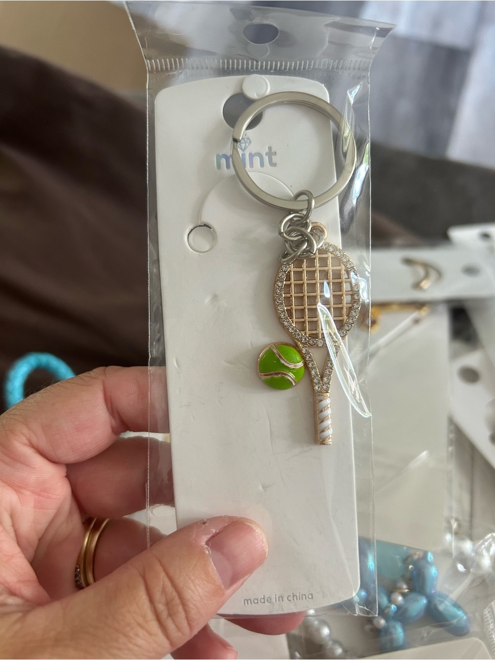 5/$25 mint Gold Tennis Racket & Green Tennis Ball Keychain